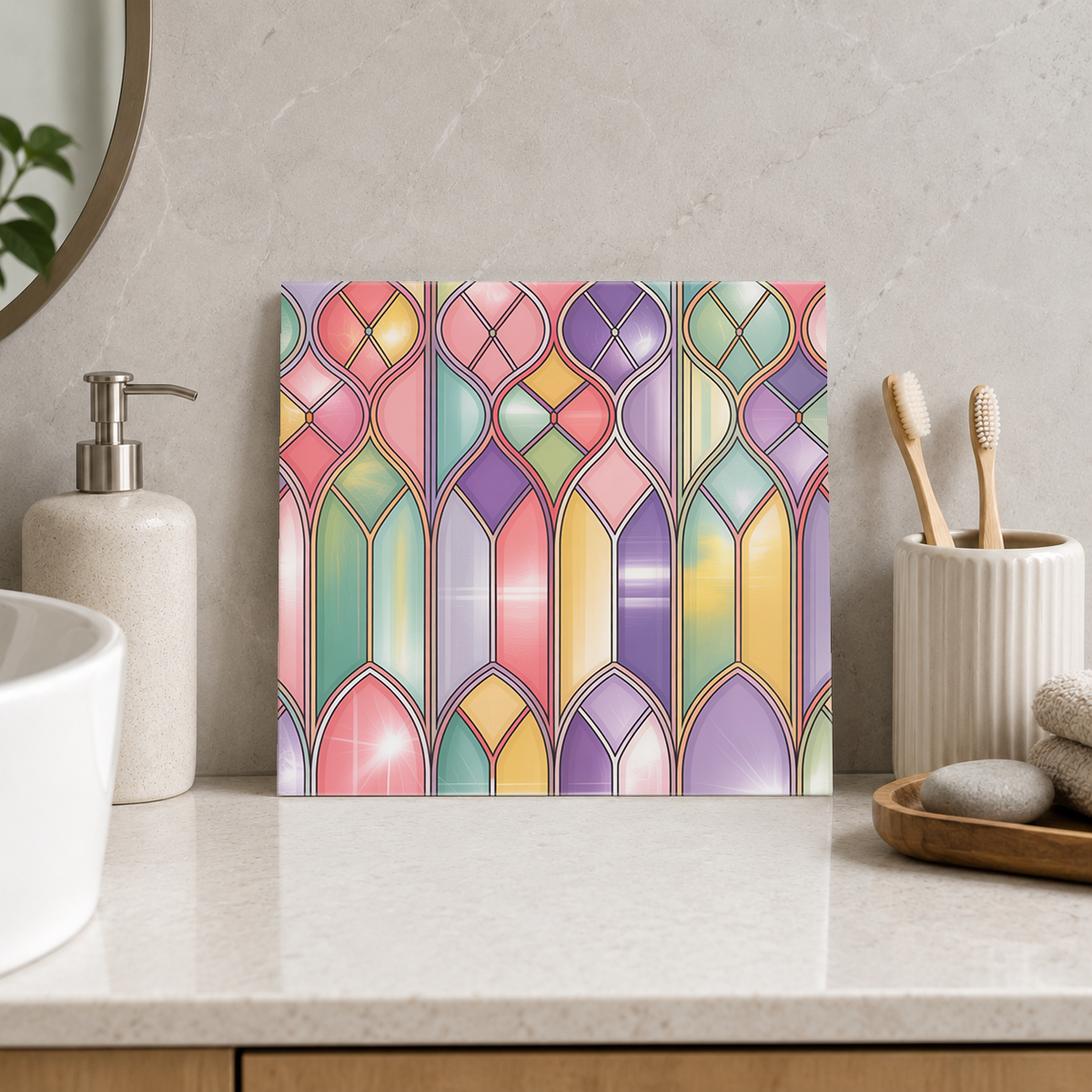 Pastel Gothic Window Arches Tile displayed in the bathroom tile mock-up