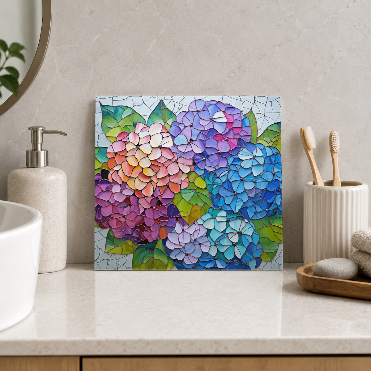 Pastel Hydrangea Bouquet Tile displayed in the bathroom tile mock-up