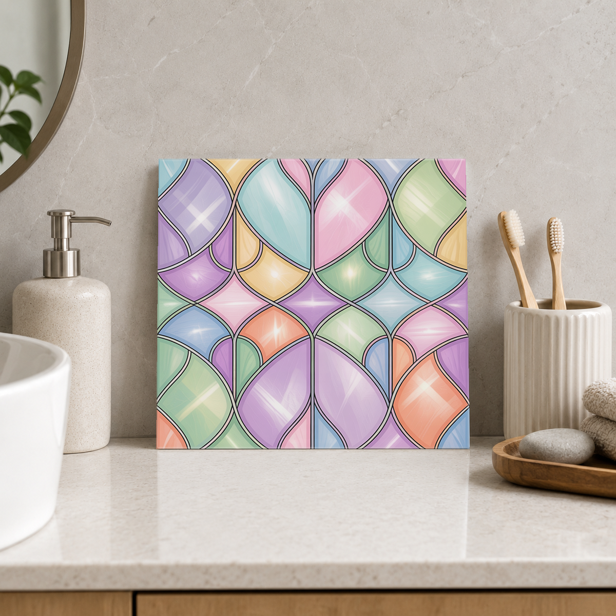 Pastel Interlocking Petals Tile displayed in the bathroom tile mock-up