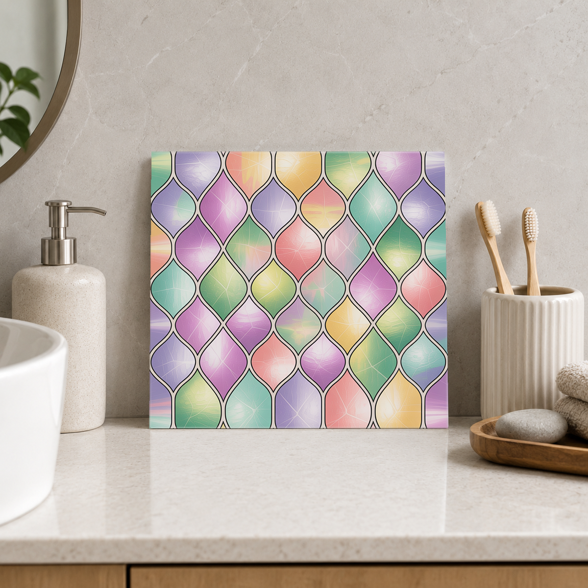Pastel Lantern Lattice Tile displayed in the bathroom tile mock-up