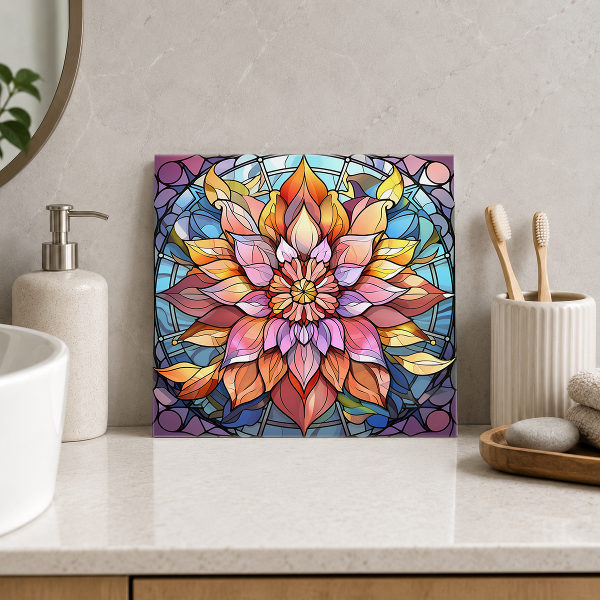 Pastel Layered Starflower Tile displayed in the bathroom tile mock-up