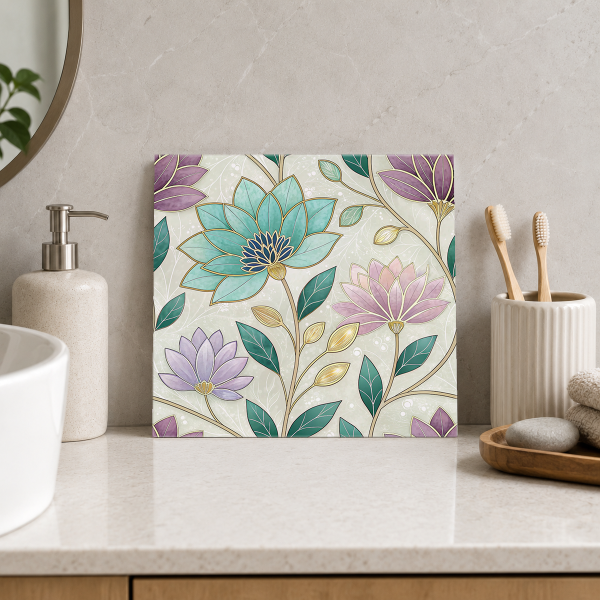 Pastel Lotus Flowers with Gold Lines Tile displayed in the bathroom tile mock-up