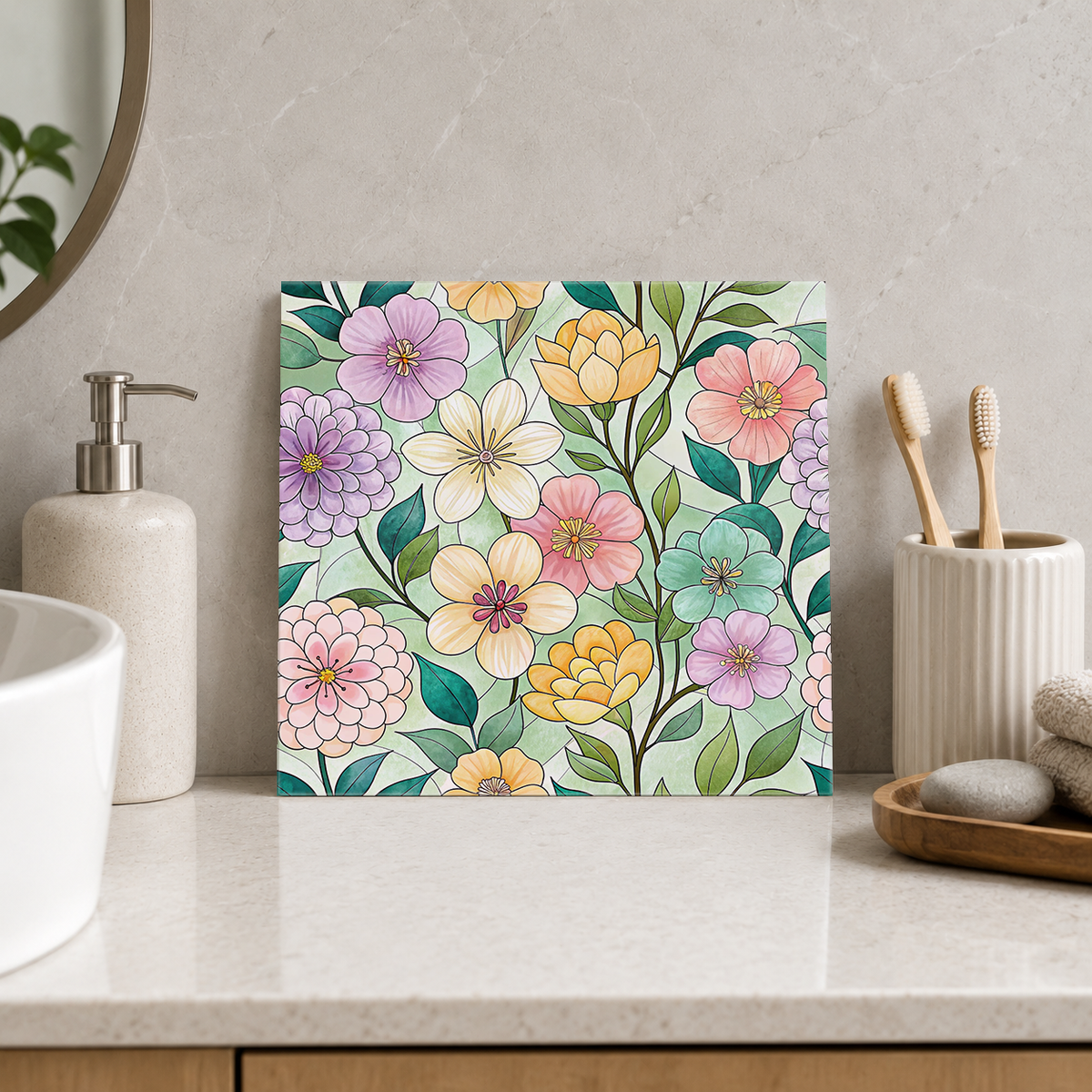 Pastel Mixed Flower Meadow Tile displayed in the bathroom tile mock-up