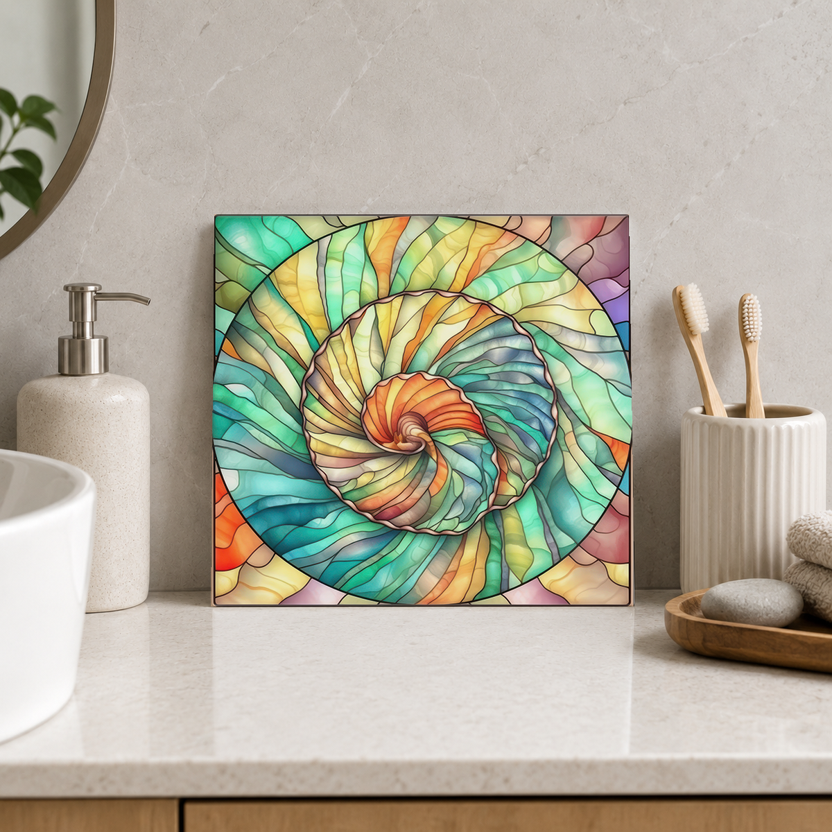 Pastel Nautilus Spiral Tile displayed in the bathroom tile mock-up