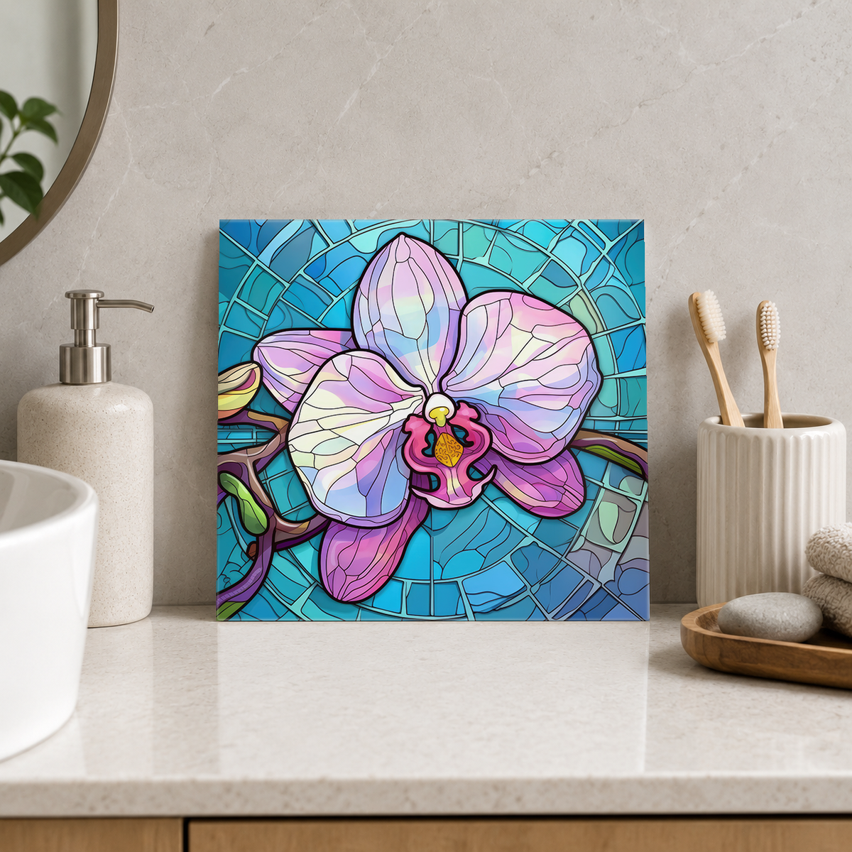 Pastel Orchid in Blue Circle Tile displayed in the bathroom tile mock-up