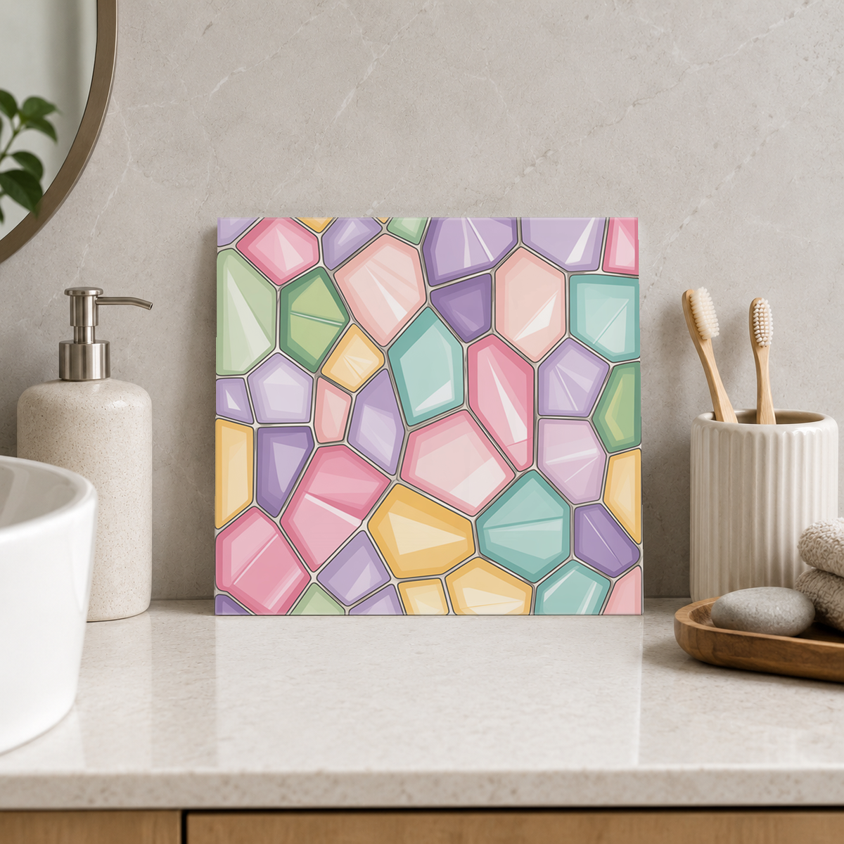 Pastel Rounded Glass Pieces Tile displayed in the bathroom tile mock-up