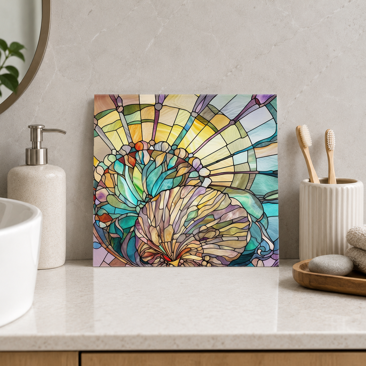 Pastel Seashell Pair Tile displayed in the bathroom tile mock-up