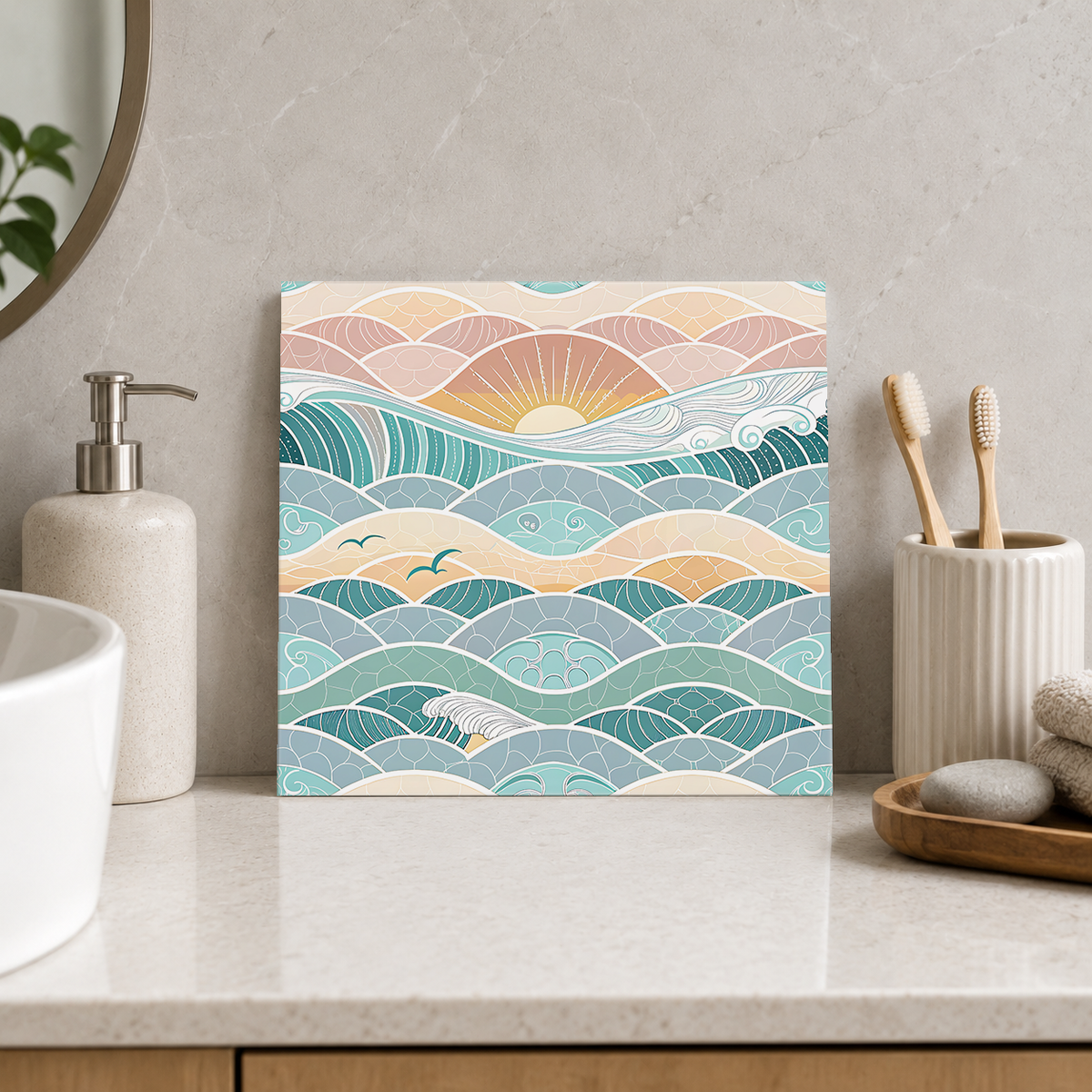 Pastel Sunrise over Patterned Sea Tile displayed in the bathroom tile mock-up
