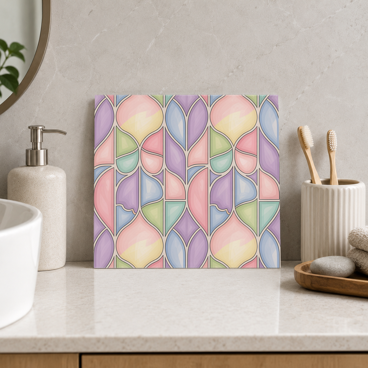 Pastel Tulip Window Lattice Tile displayed in the bathroom tile mock-up