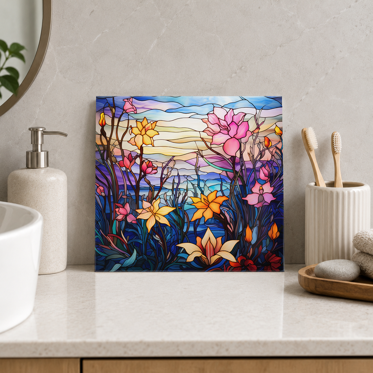 Pastel Wildflowers at Sunset Tile displayed in the bathroom tile mock-up