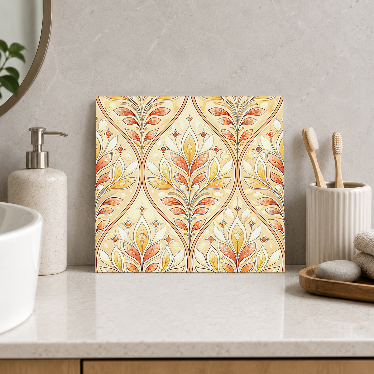 Peach and Gold Leaf Waves Tile displayed in the bathroom tile mock-up