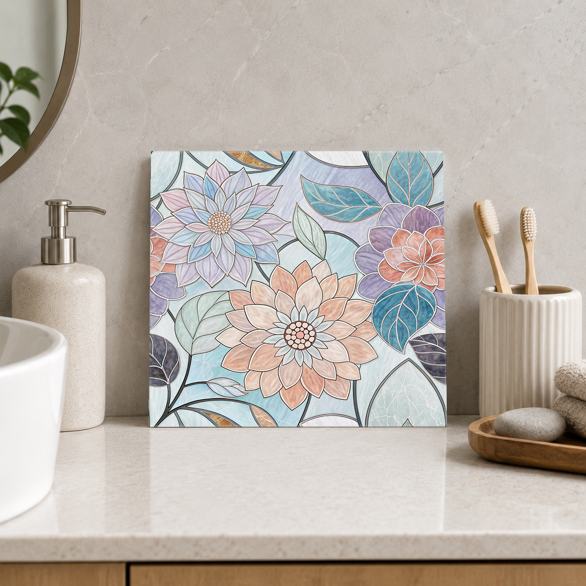 Peach and Lilac Dahlia Mosaic Tile displayed in the bathroom tile mock-up