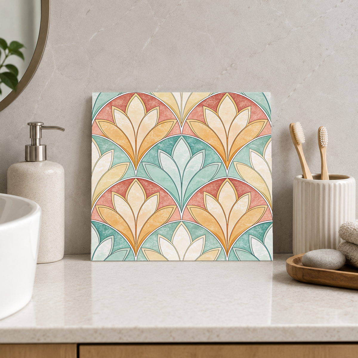 Peach and Mint Floral Fans Tile displayed in the bathroom tile mock-up