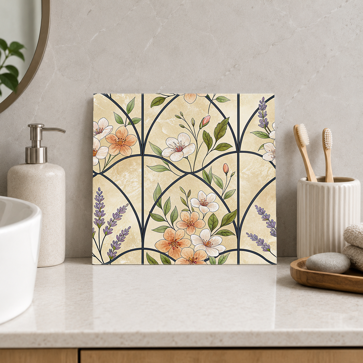 Peach Blossoms and Lavender Sprigs Tile displayed in the bathroom tile mock-up