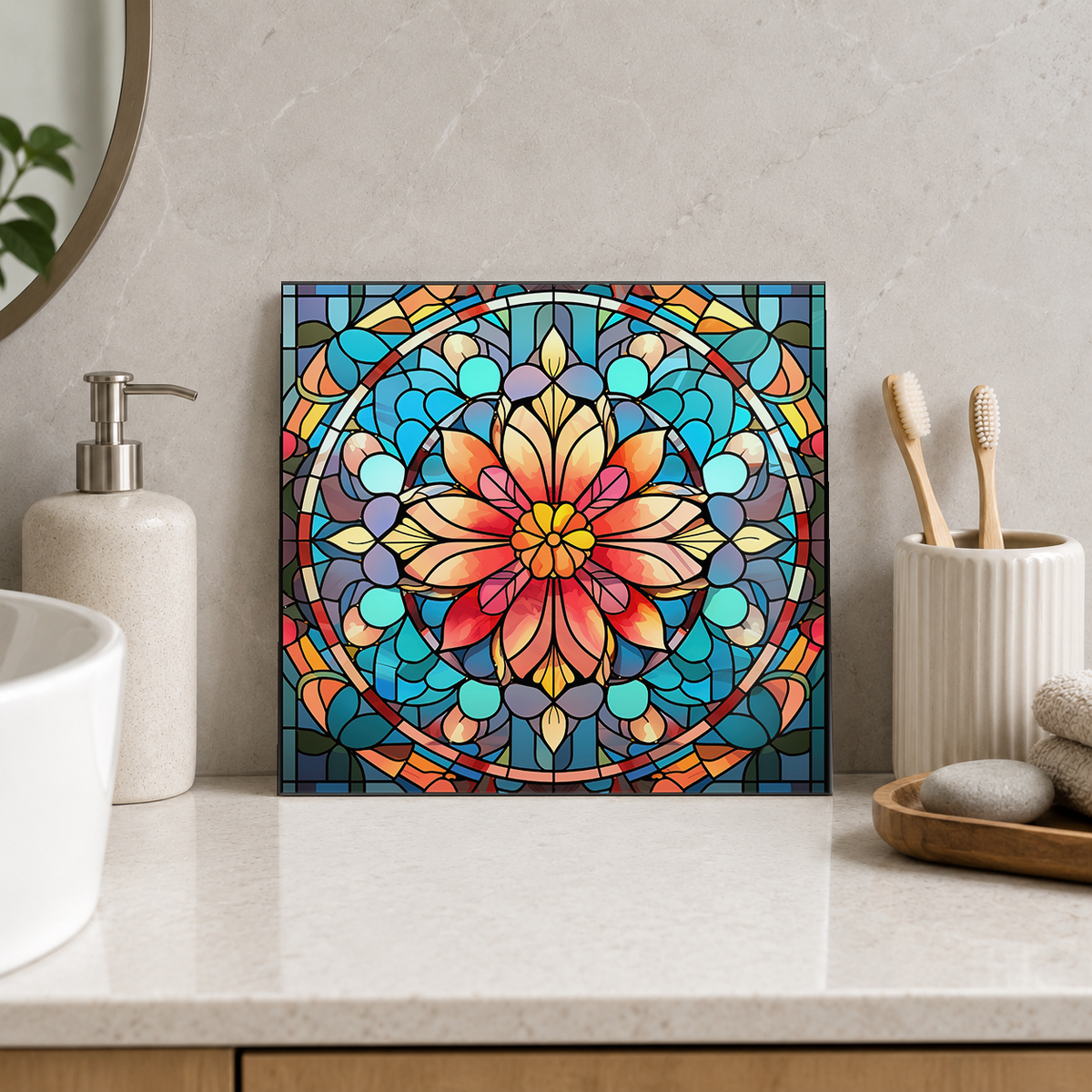 Peach Daisy in Pastel Mosaic Circle Tile displayed in the bathroom tile mock-up
