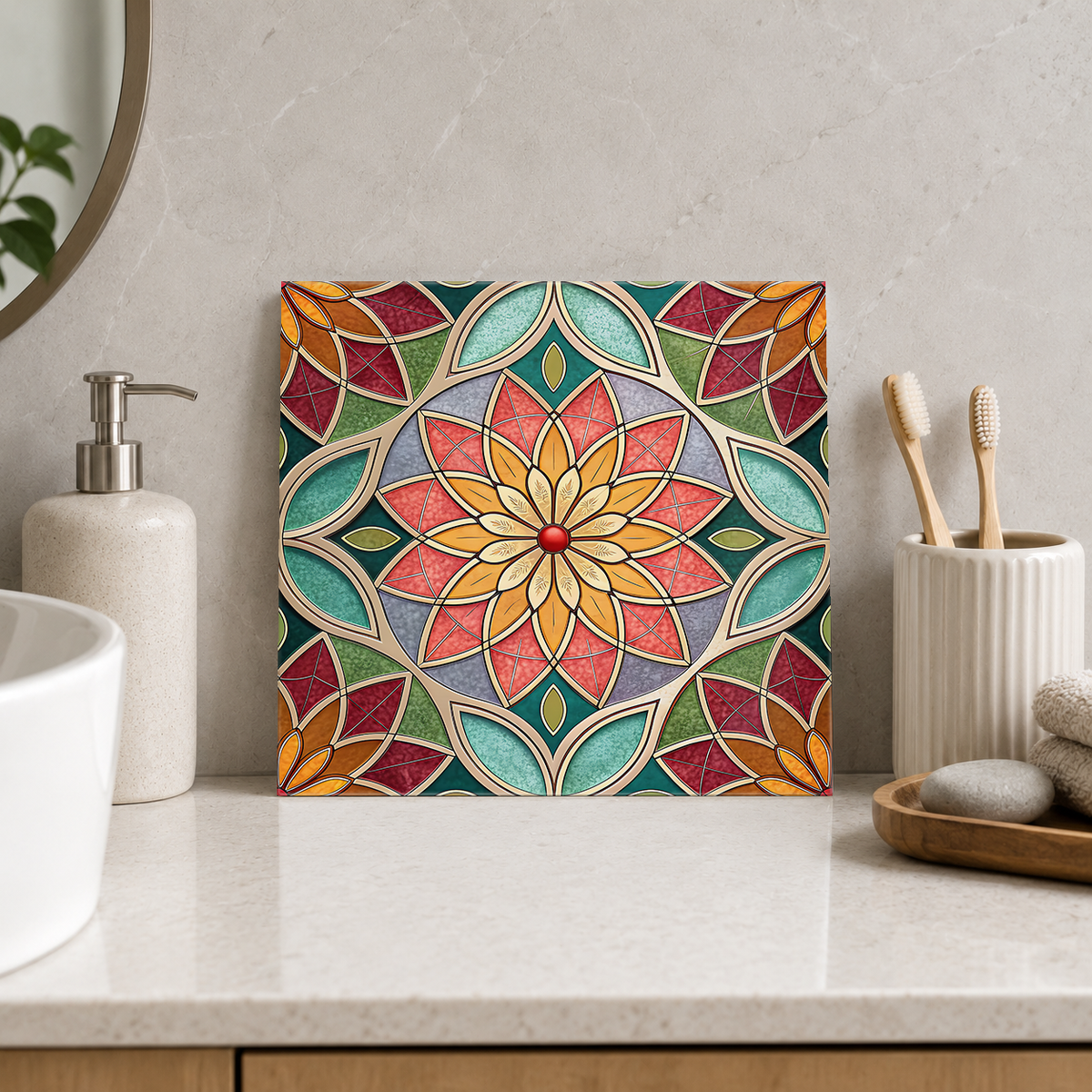 Peach Flower in Sage Quatrefoil Tile displayed in the bathroom tile mock-up