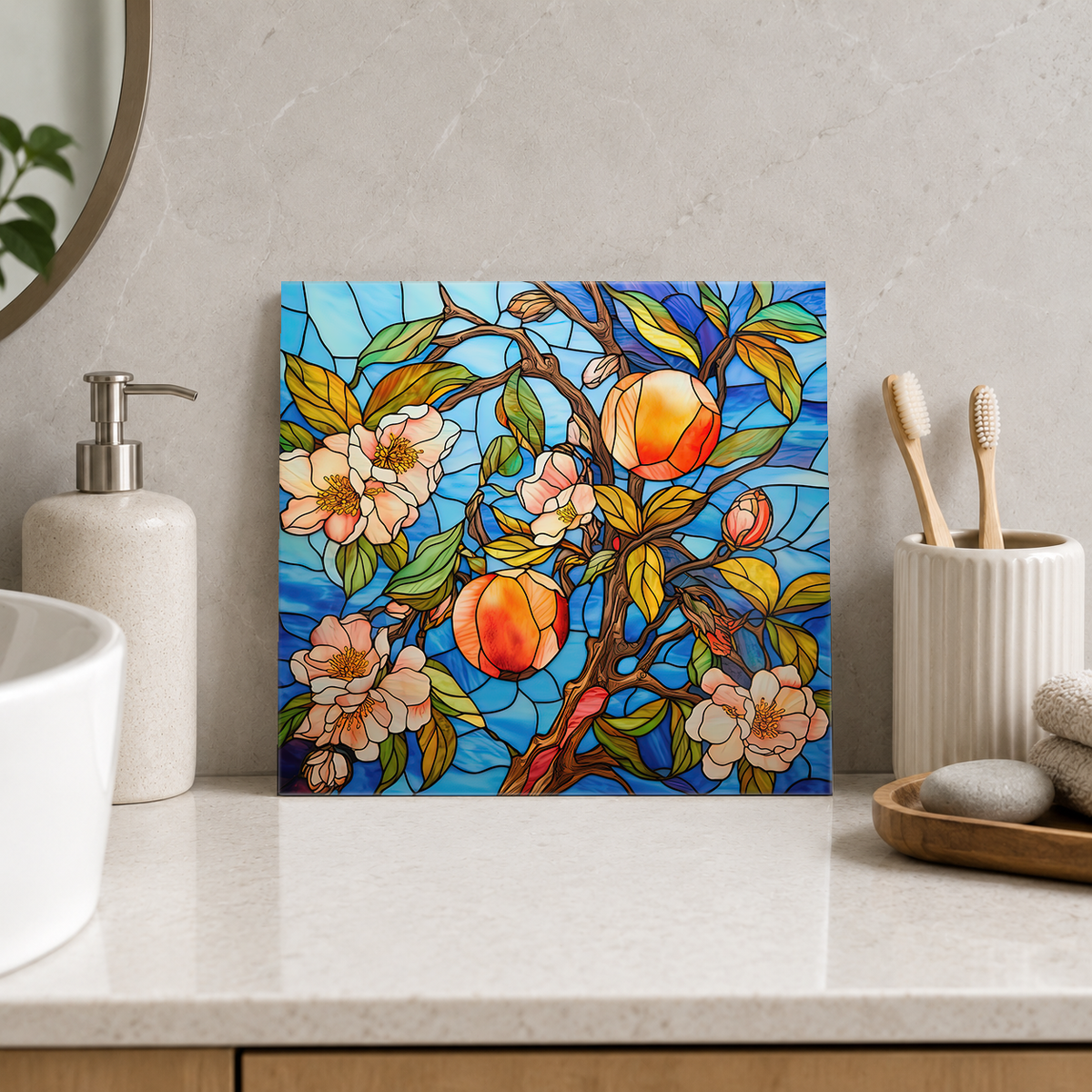 Peach Fruit and Blossoms on Blue Tile displayed in the bathroom tile mock-up