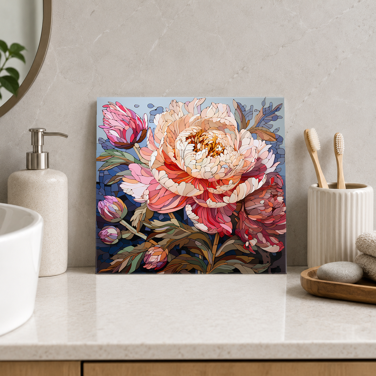 Peach Peony Bouquet Tile displayed in the bathroom tile mock-up