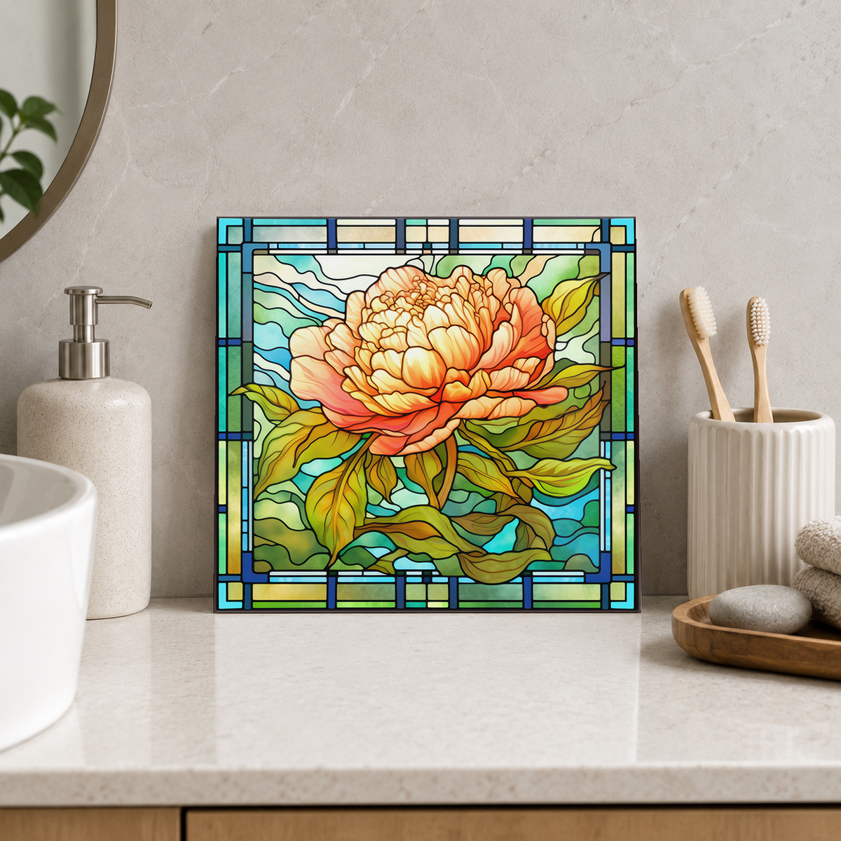 Peach Peony in Golden Window Tile displayed in the bathroom tile mock-up