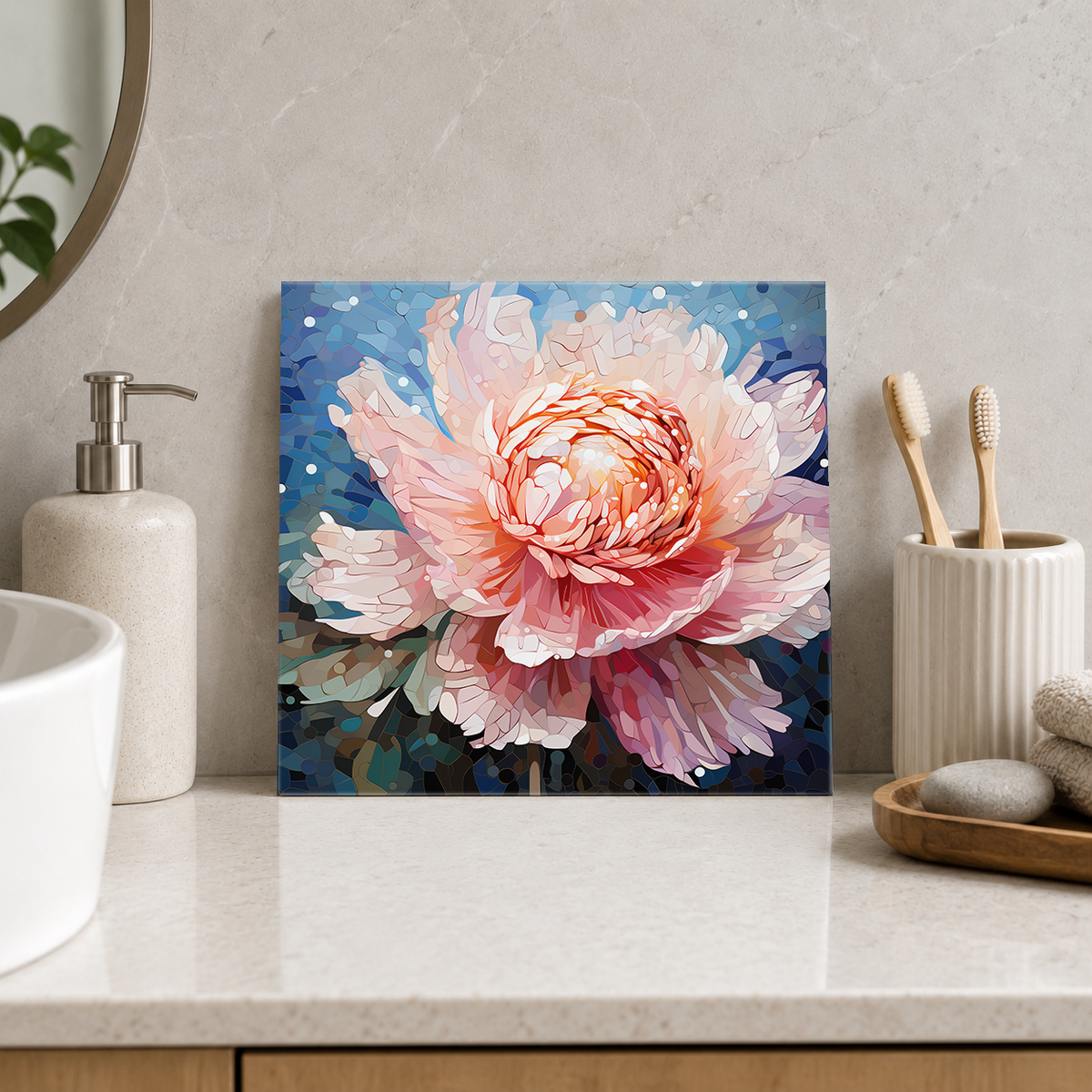 Peach Peony on Blue Tile displayed in the bathroom tile mock-up
