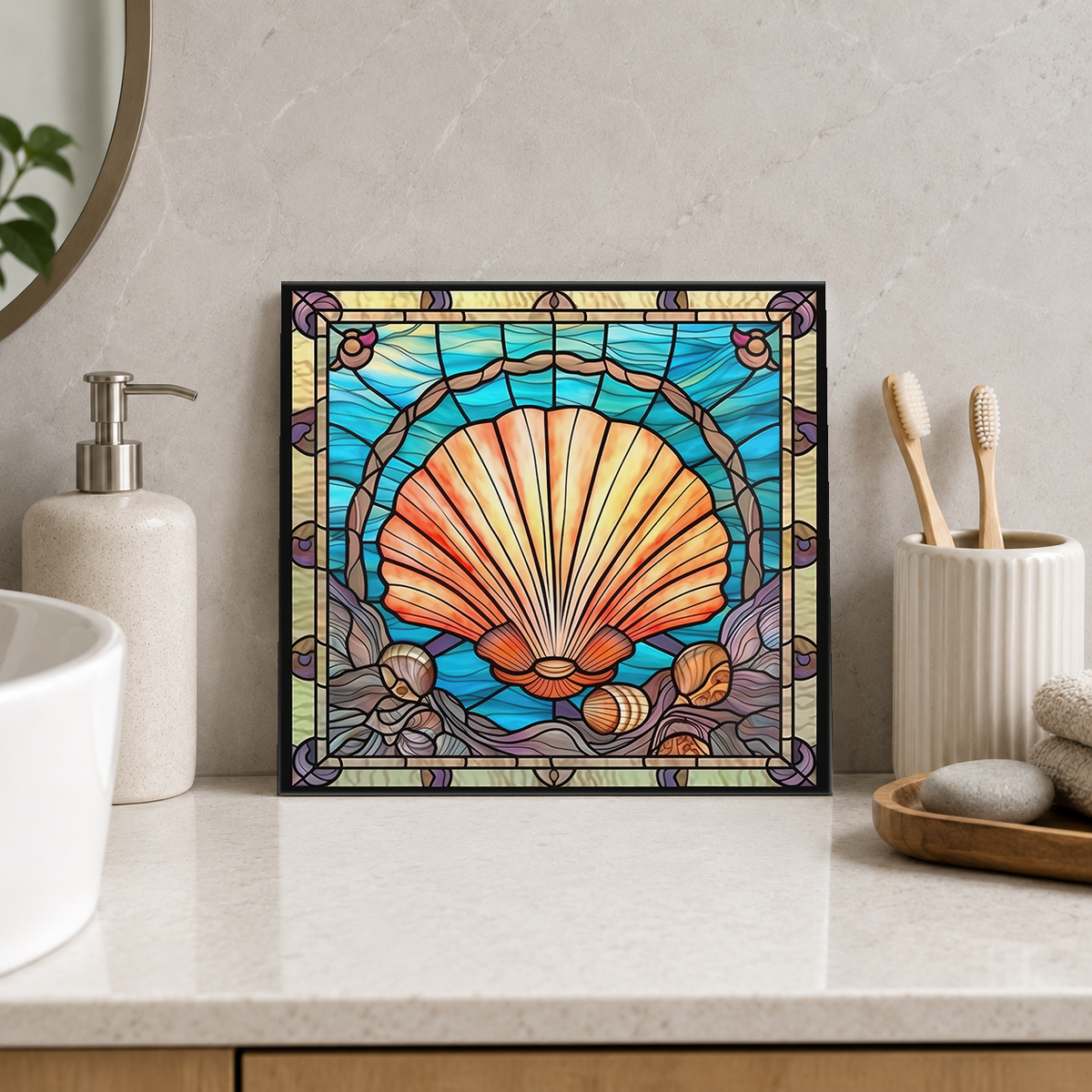 Peach Scallop in Turquoise Circle Tile displayed in the bathroom tile mock-up