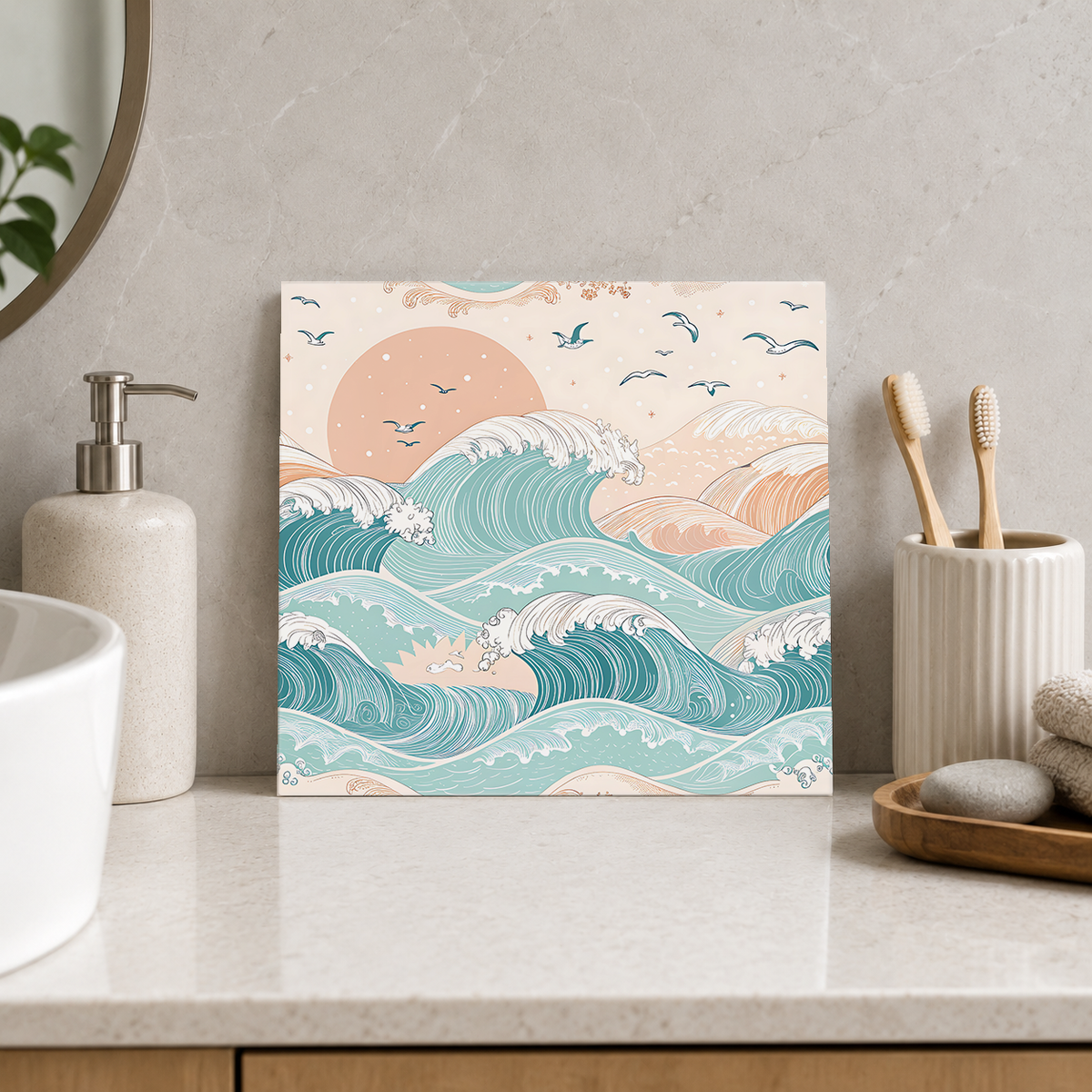 Peach Sun and Aqua Surf Tile displayed in the bathroom tile mock-up