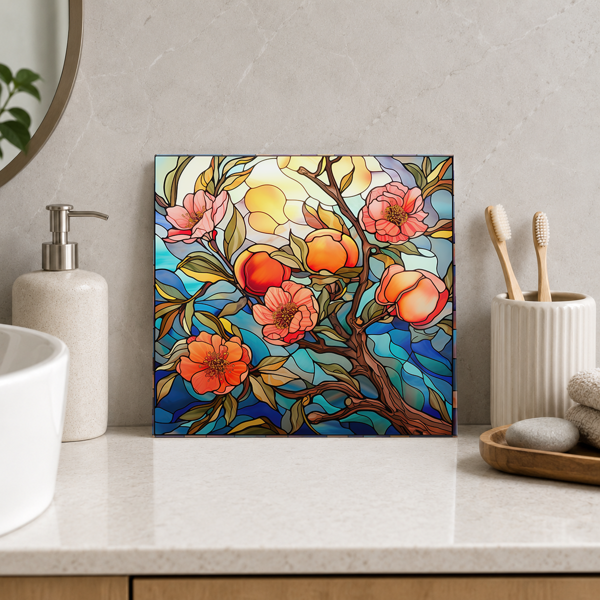 Peach Tree beneath Golden Sun Tile displayed in the bathroom tile mock-up