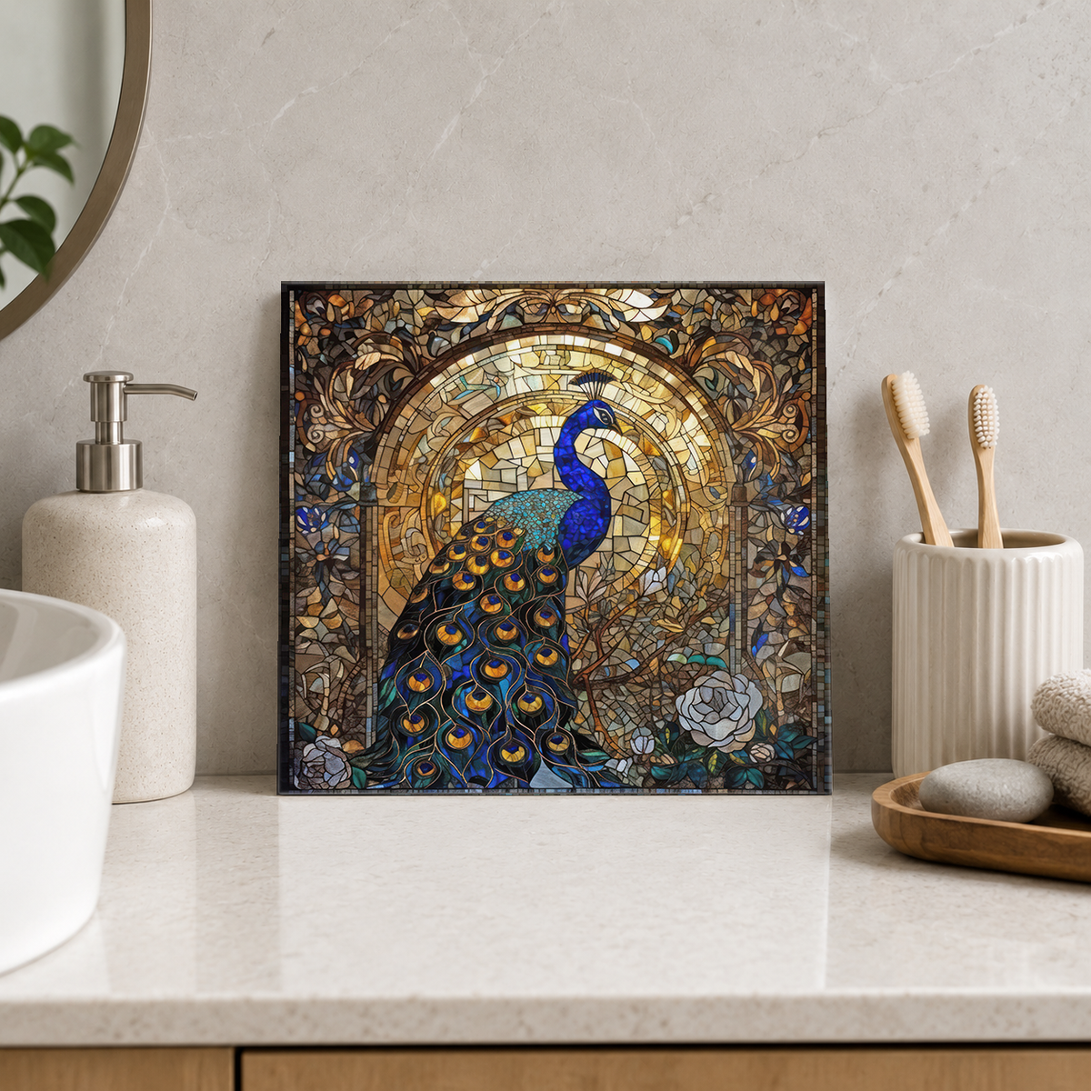 Peacock in Golden Arch Tile displayed in the bathroom tile mock-up