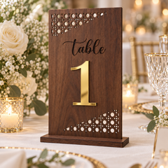 Pearl Lace Corners Table Number in varnished wood with gold raised number and flat base