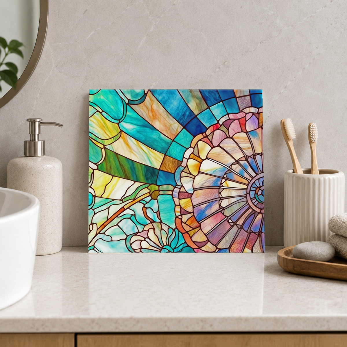 Pearl Shell and Radiating Glass Tile displayed in the bathroom tile mock-up