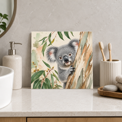 Peekaboo Koala ceramic decorative tile in Pop Color, shown in a room mockup
