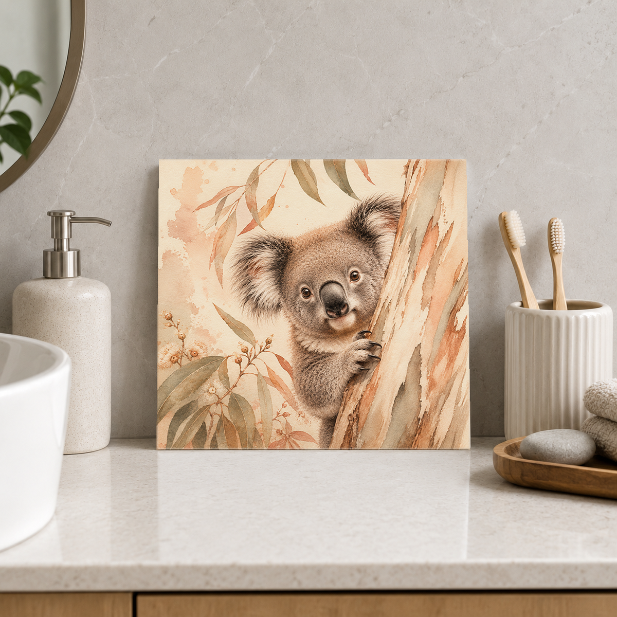 Peekaboo Koala ceramic decorative tile in Warm Country, shown in a room mockup