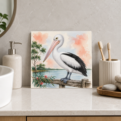 Pelican by the Old Landing ceramic decorative tile in Pop Color, shown in a room mockup