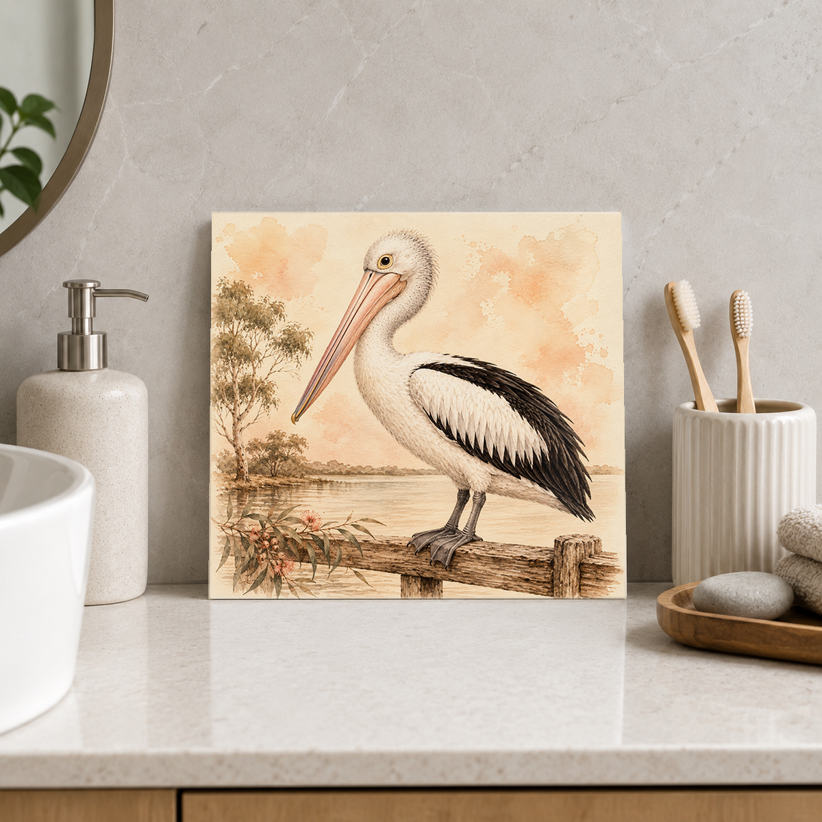 Pelican by the Old Landing ceramic decorative tile in Warm Country, shown in a room mockup