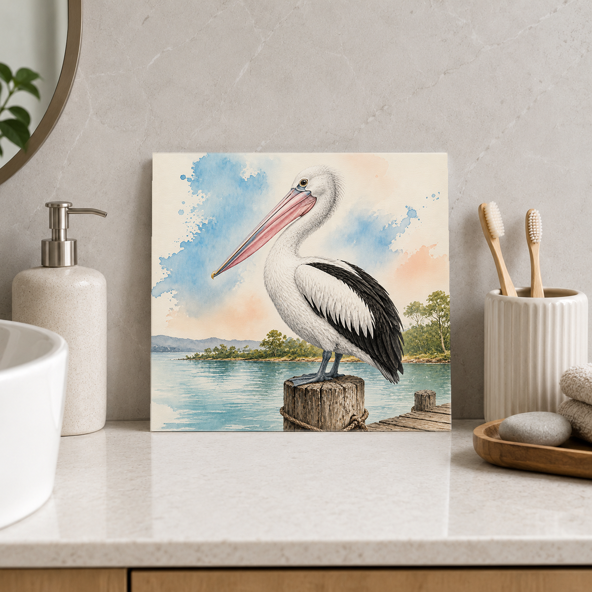 Pelican on a Post ceramic decorative tile in Pop Color, shown in a room mockup