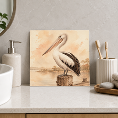 Pelican on a Post ceramic decorative tile in Warm Country, shown in a room mockup