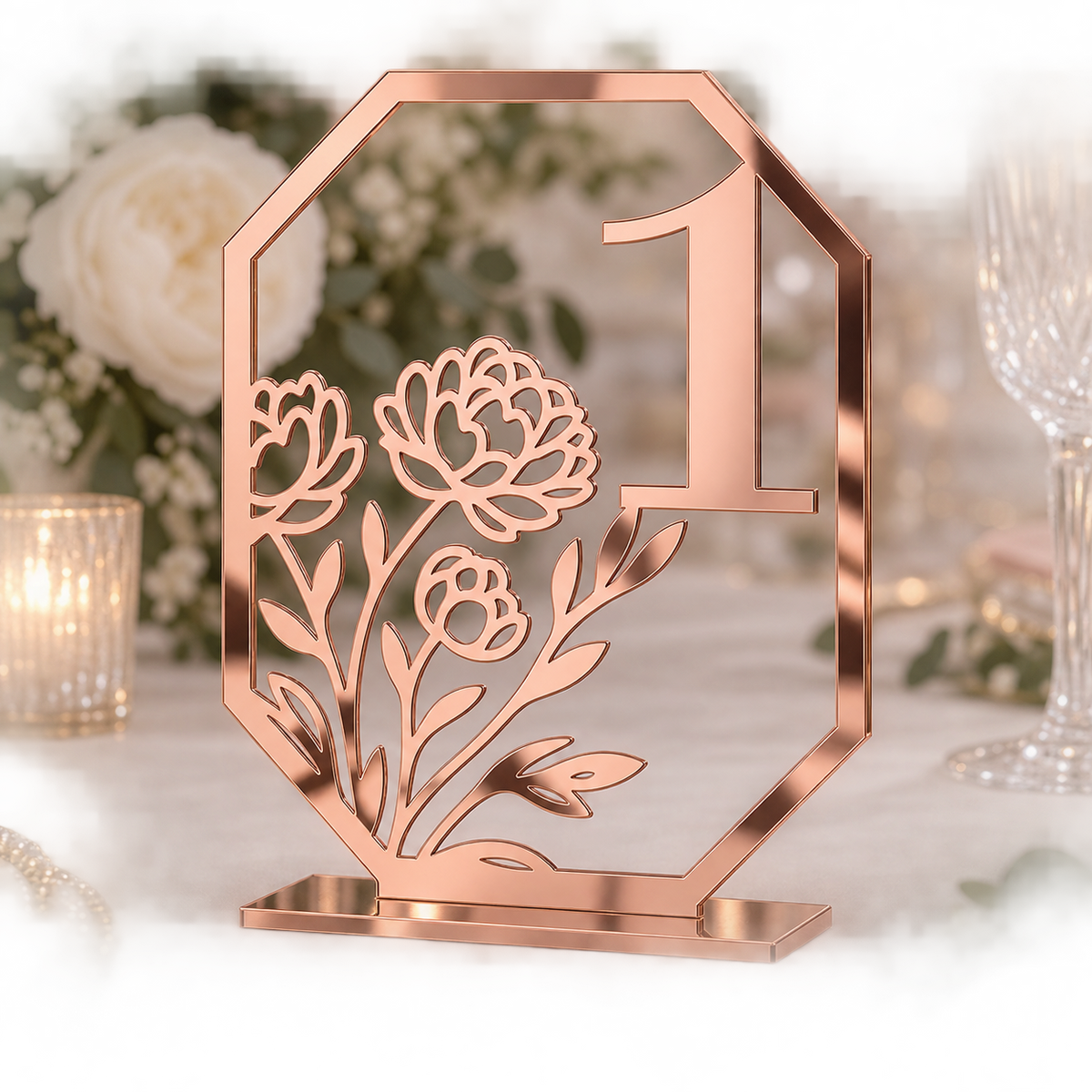 Peony Octagon Table Number in rose gold mirror acrylic with flat base