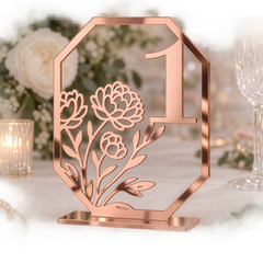 Peony Octagon Table Number in rose gold mirror acrylic with flat base