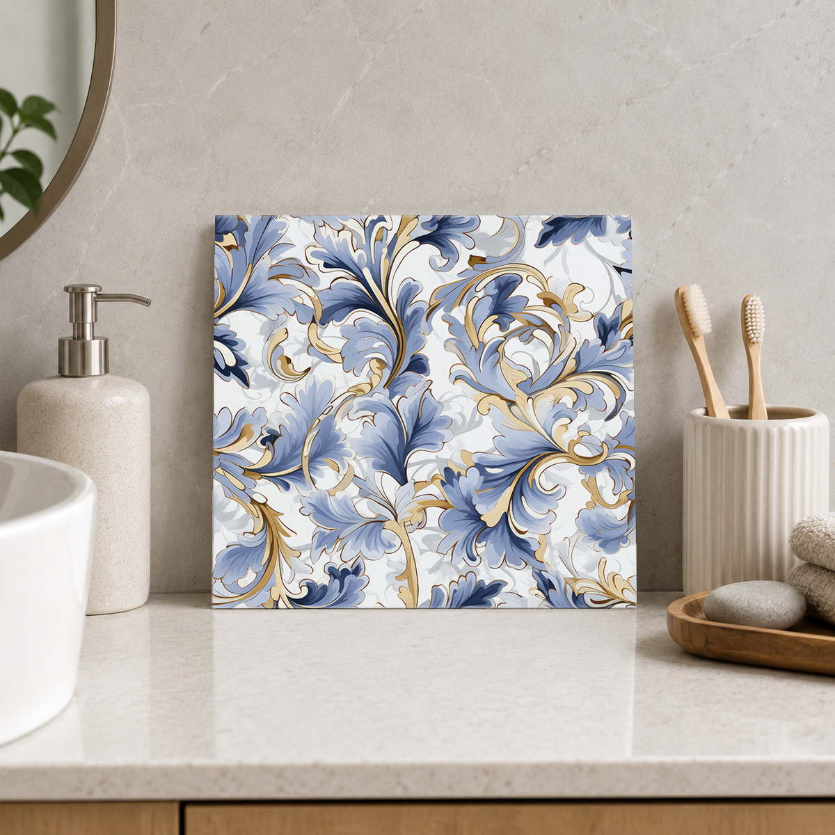 Periwinkle and Gold Acanthus Tile displayed in the bathroom tile mock-up