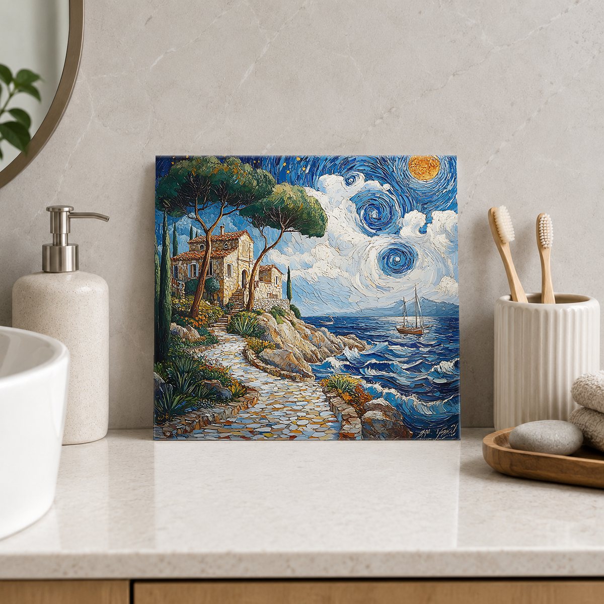 Pine Shaded Coastal Path Tile displayed in the bathroom tile mock-up