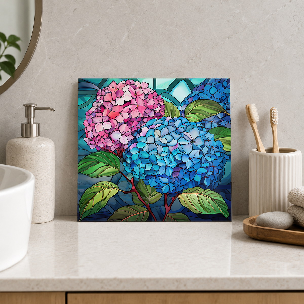 Pink and Blue Hydrangeas Tile displayed in the bathroom tile mock-up