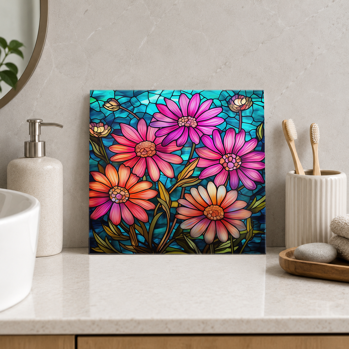 Pink and Coral Cosmos Tile displayed in the bathroom tile mock-up