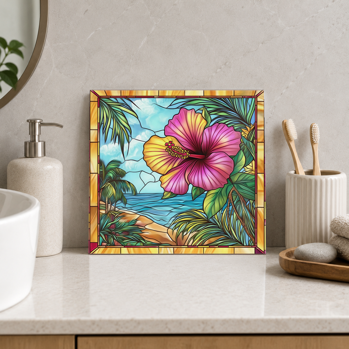 Pink and Gold Hibiscus above Beach Tile displayed in the bathroom tile mock-up