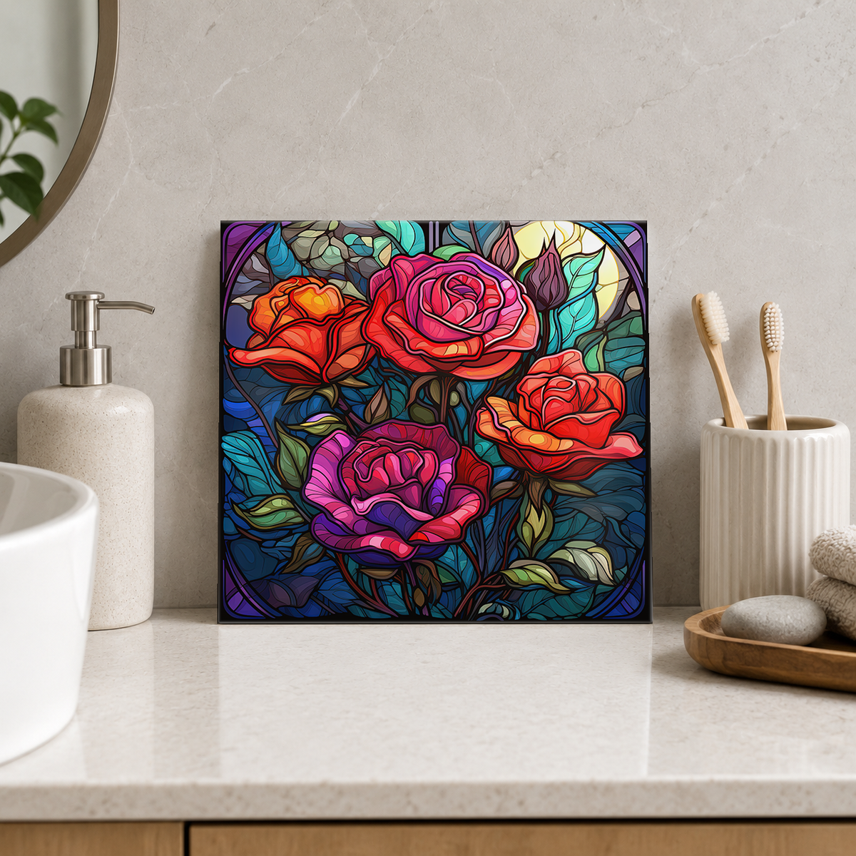 Pink and Orange Rose Garden Tile displayed in the bathroom tile mock-up