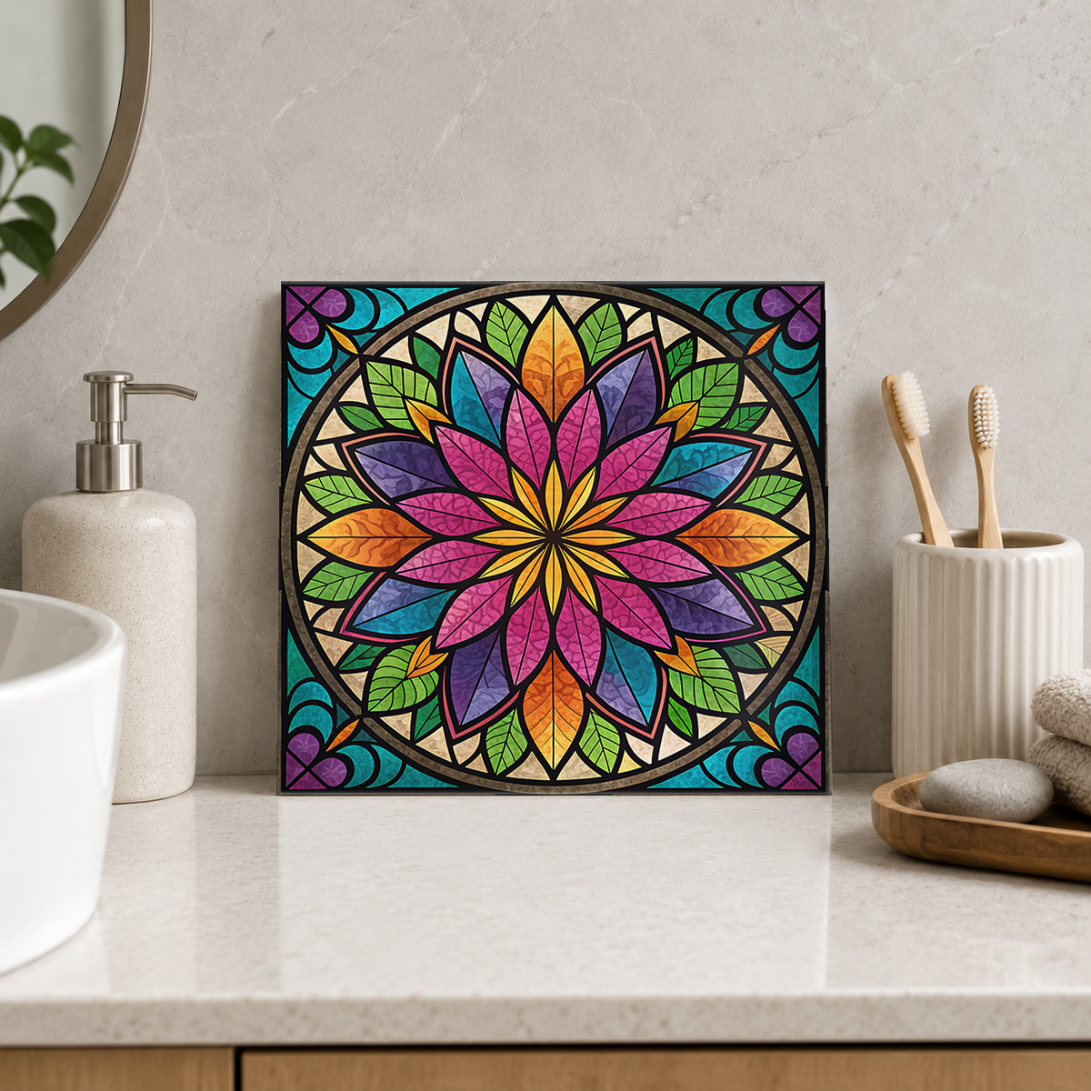 Pink and Purple Flower in Leaf Circle Tile displayed in the bathroom tile mock-up