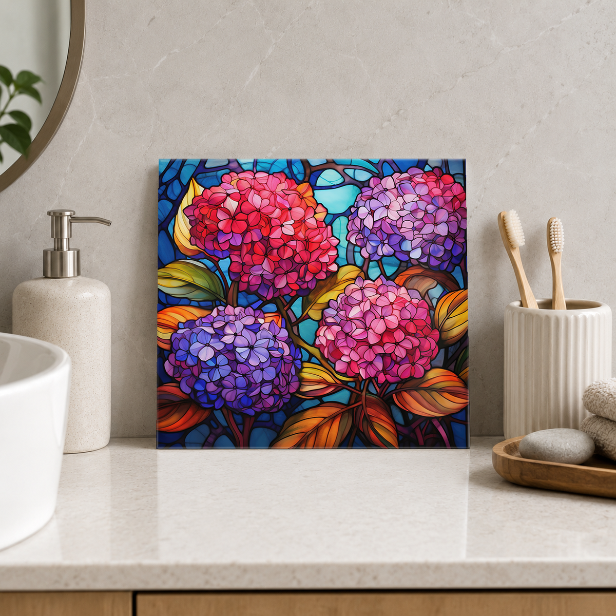 Pink and Purple Hydrangea Clusters Tile displayed in the bathroom tile mock-up