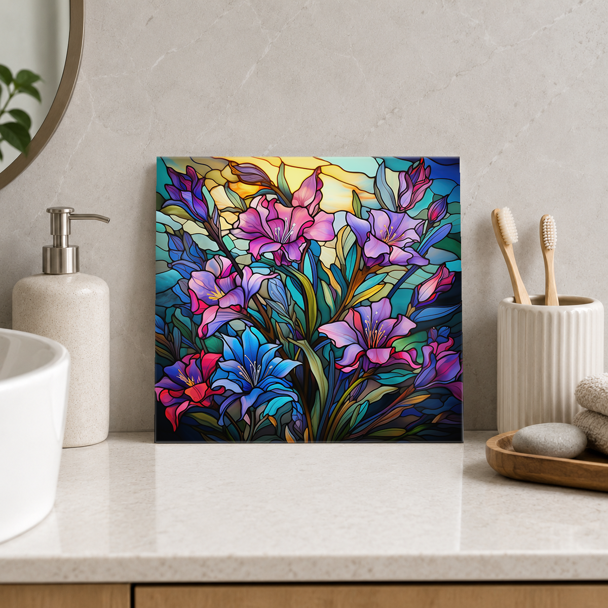 Pink and Purple Iris Bouquet Tile displayed in the bathroom tile mock-up