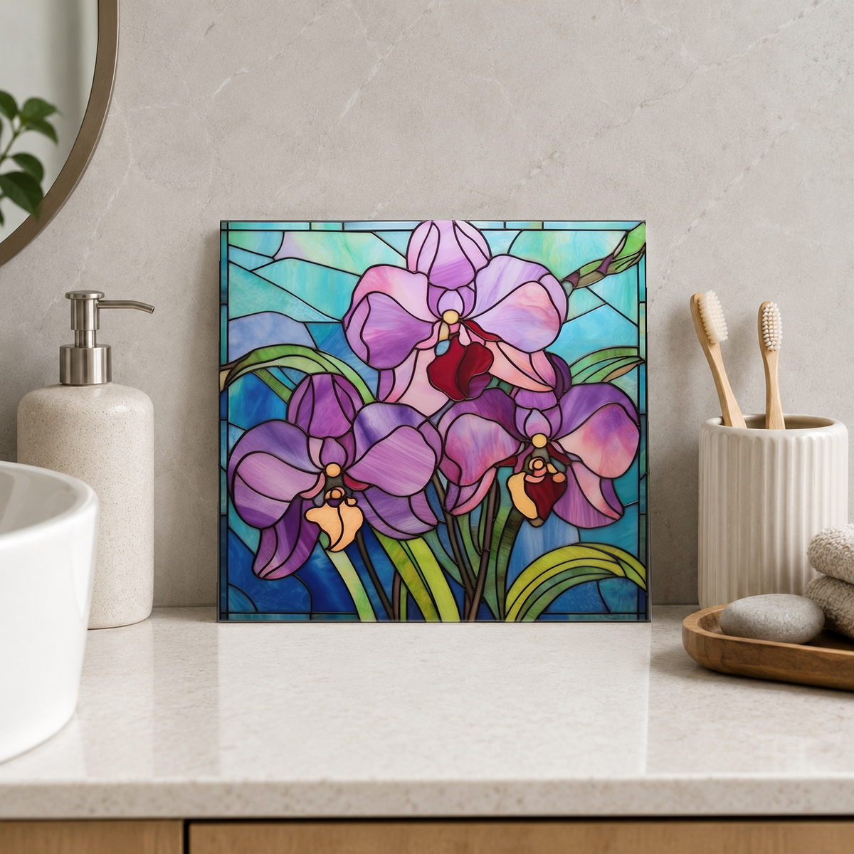 Pink and Purple Orchid Stems Tile displayed in the bathroom tile mock-up