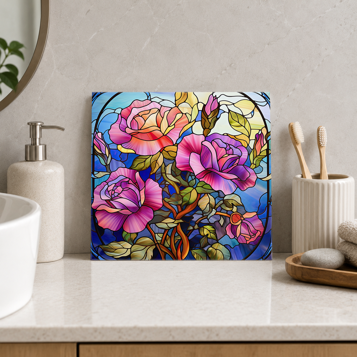 Pink and Purple Rose Branch Tile displayed in the bathroom tile mock-up