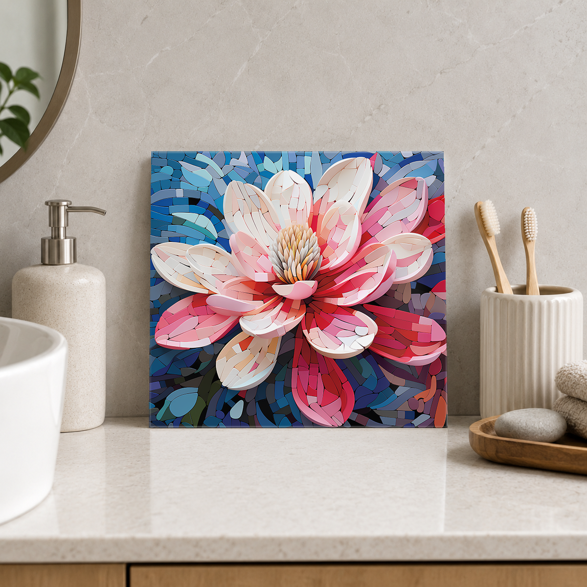 Pink and White Magnolia Tile displayed in the bathroom tile mock-up